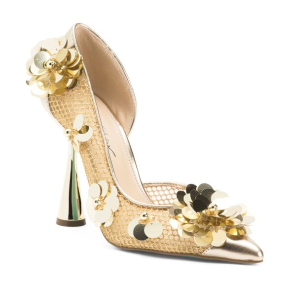 NEW BETSEY JOHNSON Nash Mesh Pumps With Floral Embellishments in gold 7253m7 - Picture 2 of 10
